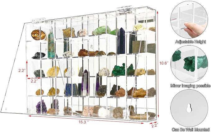 Adjustable Acrylic Display Case Clear Wall Mounted or Desktop 35 Room | Crystal Organizer Storage Cabinet Organizer for Collectibles, Figures, Rock Collection, with Mirrored & Lid