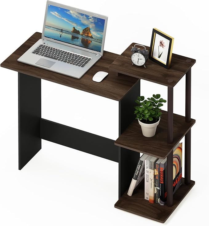 Furinno EFFICIENT Desk, 28.6" Wide Gaming Desk with 3 Open Side Shelves, Laptop Notebook Computer Desk, Office Desk for Home Office, Study Room, Dorm, Bedroom, Columbia Walnut