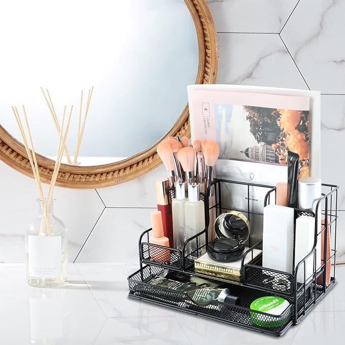 BCCICE Desk Organizers Caddy and Accessories with 7 Compartments + Pen Holder / 72 Clips Set, Drawer, Black Mesh Office Supplies Desktop Organizer for Home, Office Ect