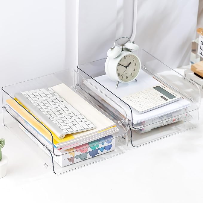 Gagee 2 Pack Paper Organizer for Desk,Clear Stackable Paper Sray Holder ﻿, Office Desk Organizer for Notes, Pens, File, Document