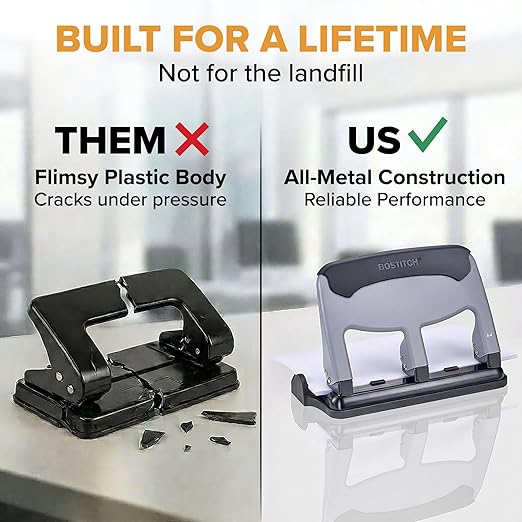 Bostitch EZ Squeeze 3 Hole Paper Punch, 40 Sheet Capacity, Heavy Duty Metal Office Hole Puncher with Chip Tray, Non-Slip Base & Paper Guide, 9/32" Holes for Binders, School & Home Office