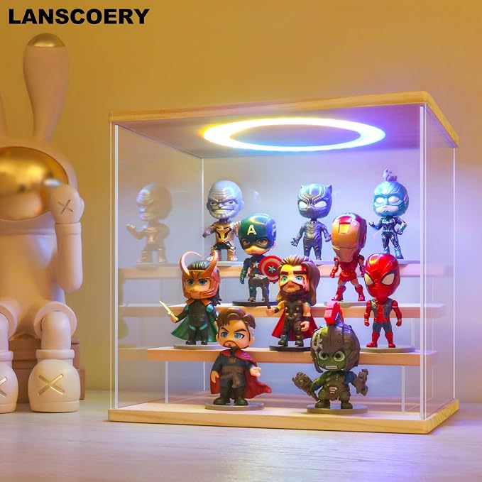 LANSCOERY Acrylic Display Case with RGBW Lights, 4 Tier Wood Finish | 11.8 x 8.9 x 11 in case displays small figures on desks or shelves with tiered rows and front access.