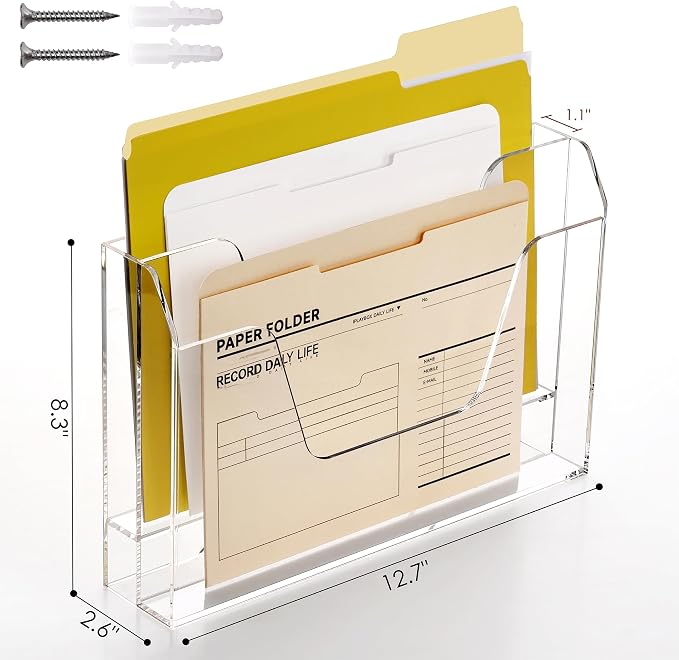 DINGHUO Wall Hanging File Organizer, Acrylic Mail Organizer wall mounted File Holder, Clear 2 Tier Folder Paper Document Magazine Rack for Desk Office School Home - 1 Pack
