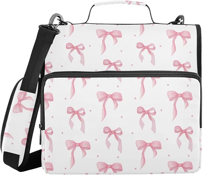 ALAZA Zipper Binder 3 Ring Cute Bow Pink Binder Organizer with Zipper and Shoulder Strap Large Capacity Multi-Pocket Trapper Keeper File Folder for Office Supplies