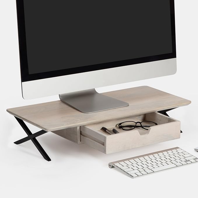 Anji Mountain Monitor Stand - Desktop Organizer & Laptop Riser, Ergonomic Monitor Riser, Space-Saving Monitor Stand for Desk, Durable Construction, Easy Assembly, Ideal for Home & Office,White Wash
