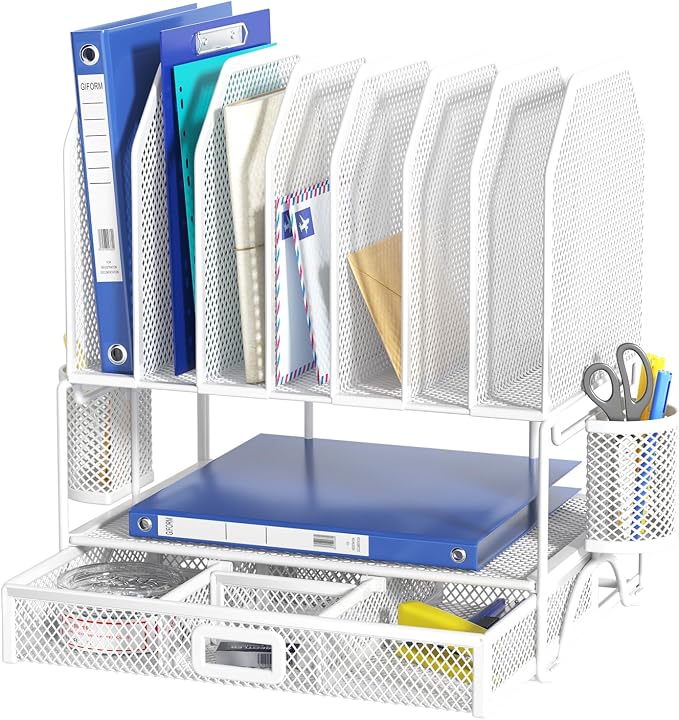 FANXIYQ Metal Desk Organizer with Sliding Drawer, 7-Section File Organizer for Desk, Desktop File Folder & Paper Organizer with 2 Hanging Pen Holders, Office Supplies Organizer, White