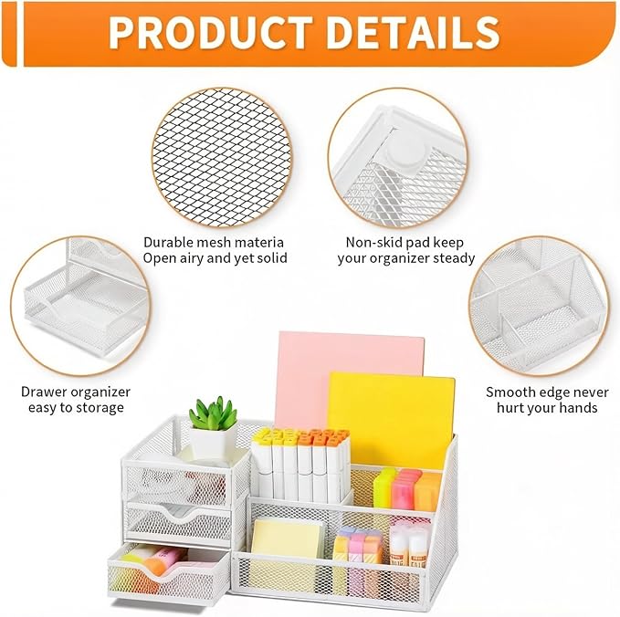 Lavatino Mesh Desk Organizer with 6 Compartments & 2 Drawers, Larger Multi-functional Desktop and Workspace Accessories Organizer for Office, Classroom, Dorm Supplies (White)