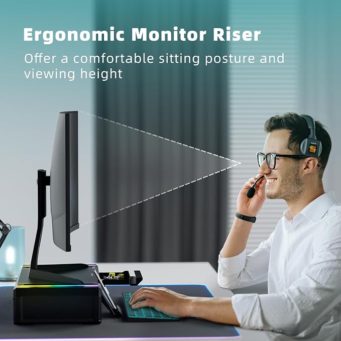 Heymaster Monitor Stand for Desk, Gaming Monitor Riser with RGB Light, Foldable Computer Monitor Stand Riser, Desk Organizers and Accessories for Desktop, Printer (Black)