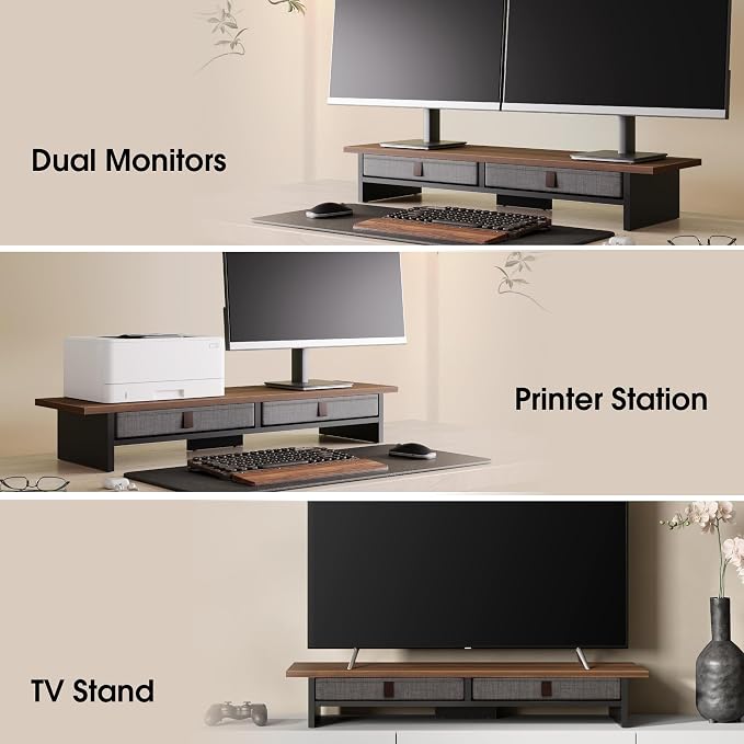 Fenge 35 Inch Monitor Stand with Drawer Storage, Computer Riser for Desk | Wooden Computer Shelf, 2 Tiers, for Dual Monitor/Laptop/PC/TV/Printer up to 55Lbs, Home Office Desk Organizer