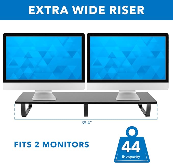 Mount-It! 39" Extra Long Dual Monitor Stand Riser – Ergonomic Desk Organizer for 2 Monitors, Laptop, TV, or Printer – Heavy-Duty Steel & Wood Desktop Shelf with Storage – Supports 44 Lbs – Black