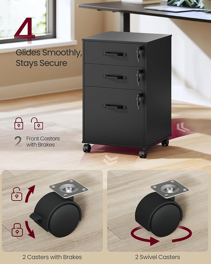 VASAGLE 3-Drawer Mobile File Cabinet, Home Office, Locking, Printer Stand | Highlight: Small Rolling, A4, Letter-Size Hanging File Folders, Ink Black, CUSTOS Collection UOFC084BC01SV1