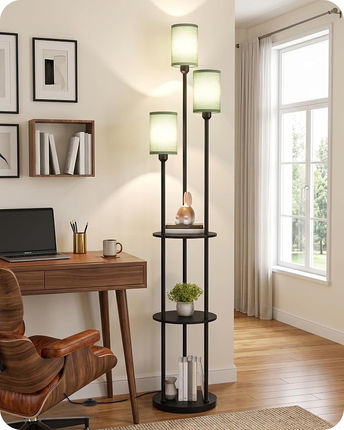 Floor Lamp with Shelves, Modern Floor Lamp with 3 Linen Shades and Foot Switch, 3-Light Standing Lamp, for Living Room, Bedroom, Study, Office, Black and Green J53LD05