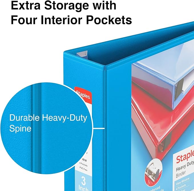 Staples Heavy-Duty 3-Inch D-Ring View Binder, Reinforced Spine, Holds Up to 600 Sheets, Light Blue, for Office & School