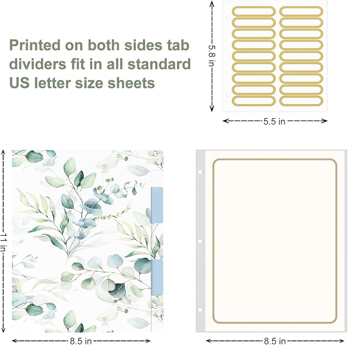 Rouidr 3 Ring Binder, 2 Inch Round Ring Binder Organizer with Clipboard, 5 Dividers Tabs, A4 8.5 x 11 Inch Paper & Clear Sleeves for School, Office Supplies, Eucalyptus Leaf