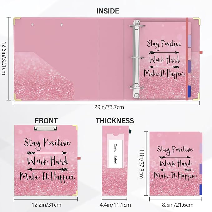 3 Ring Binder 3 Inch Round Ring Binder with 6 Tab Dividers，2 Interior Pockets，Cute Binder Clipboard with Storage, for School Office, Portfolio Organizer with Labels(Stay Positive)