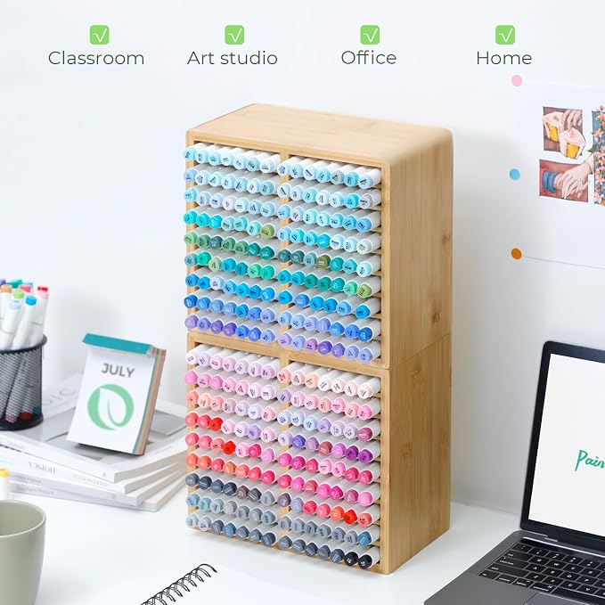 Ohuhu Bamboo Marker Organizer, Wooden Desktop Storage Holds 126 Markers | Markers Pens Pencils Art Brushes Stationary Organizer Pencil Holder with 18 Compartments for Classroom Office Decor Home