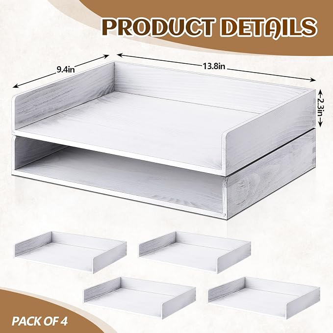 Yeaqee 4 Pcs Stackable Paper Organizer Tray Wood Desk Organizer Letter Tray Paper Holder Desktop Letter Size Office Wooden Desk Shelf Folder Organization Rack for Mail File Document (Vintage White)
