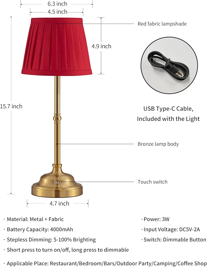 KDG Gold Cordless LED Table Lamps Set of 2, Red Fabric Shade Desk Lamps | Portable 4000mAh Rechargeable Battery Powered, Dimmable Lighting for Dining Room, Bedroom, Bedside, Night Light, Balcony