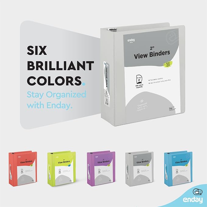 Enday 2 inch 3 Ring Binder (6 Pack - Grey) Binder 2 inch with Clear View Cover and 2 Inside Pocket - for Letter Size 8.5 x 11'' Paper, Ideal for School Supplies, Office, and Home