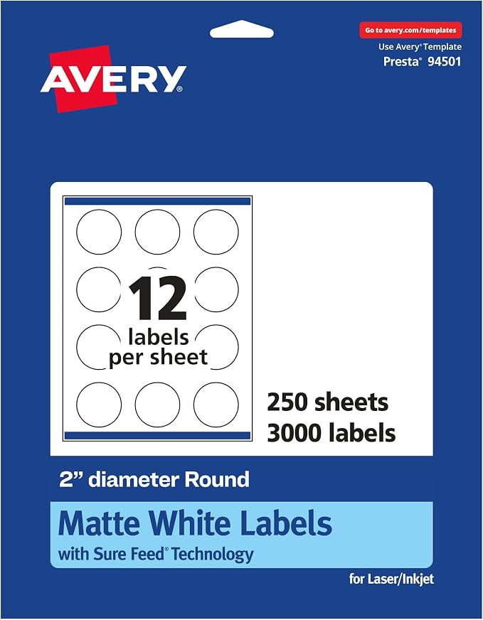 Avery® Matte White Round Labels, Sure Feed® Technology, 2" Diameter, 3,000 Matte White Printable Labels