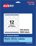 Avery® Matte White Round Labels, Sure Feed® Technology, 2" Diameter, 3,000 Matte White Printable Labels