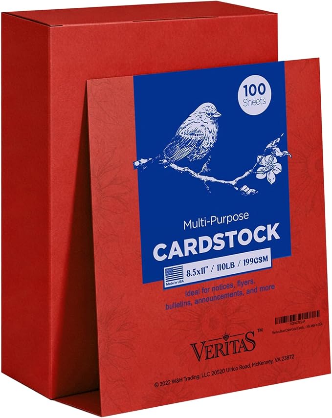 Veritas Red Cardstock 8.5 x 11 Letter Size, 110LB/199GSM Heavyweight Colored Card Stock Printer Paper, 100 Sheets Thick Red Cardstock for Printing, Copy, Invitations, Crafts, DIY Projects