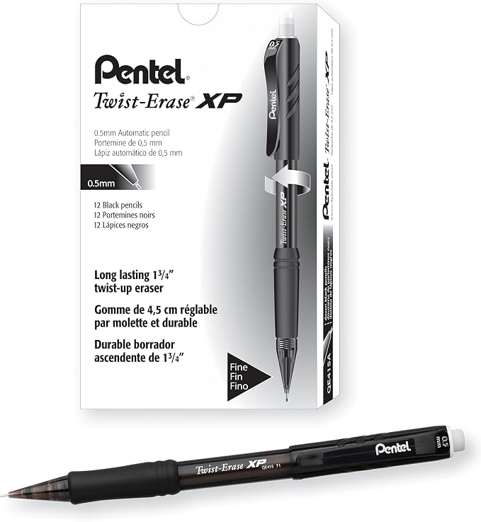 Pentel Twist Erase EXPRESS Automatic Pencil, 0.5mm Lead Size, Black Barrel, Box of 12 (QE415A)