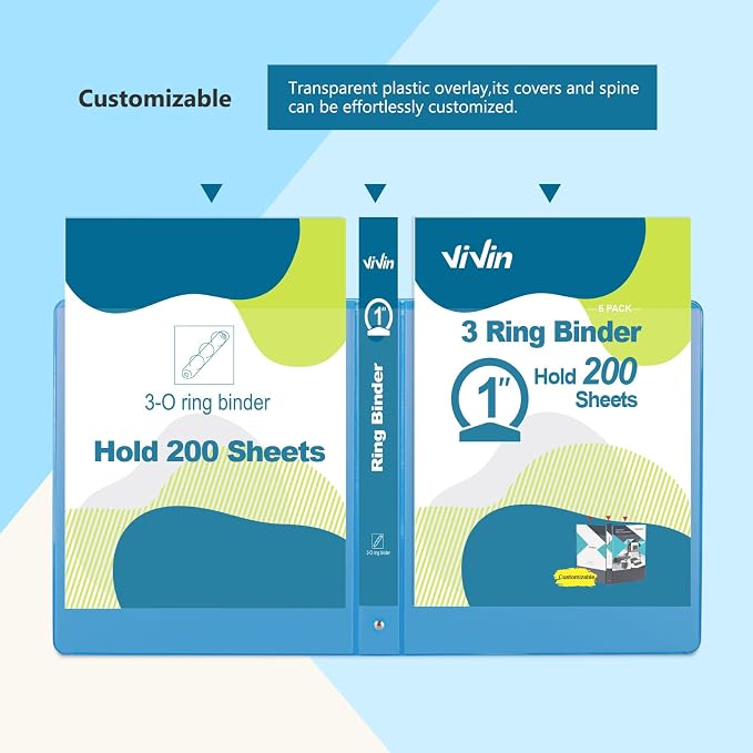 ViVin 1 Inch Round Ring View Binder for Durability, 6-Pack (Light Blue) | Standard 3 Ring Binder for 200 Sheets of US Letter Size Paper, PVC-Free, Clear View Cover, Office Home School Use