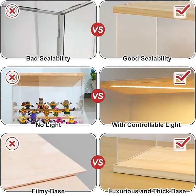 LANSCOERY LED Lighted Acrylic Display Case, 6 Tier Display Box for Collectibles and Action Figures, Clear Dustproof Organizer with Wooden Base – 22.8x11.9x14.7inch