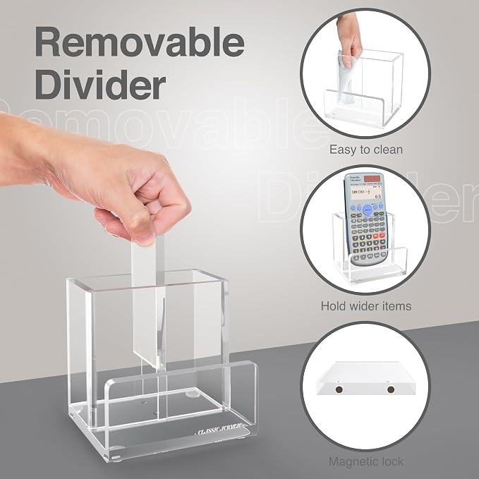 Pen Organizer for Desk-A Modern Desk Accessory w/a Removable Divider is Great as a Pen & Makeup Brush Holder-This Chic Acrylic Storage Stand Makes a Great Gift for Home/Work Space