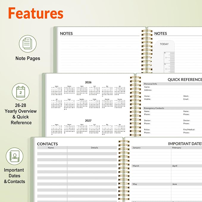 SUNEE 2026-2027 Appointment Book, Quarter-Hourly, Weekly & Monthly - from July 2026 to June 2027, 8.5"x11" Academic Planner, Flexible Cover, Note Pages, Bookmark, Spiral Binding, Sage Green