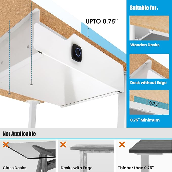 Lumil Under Desk Drawer with Lock, 16 inch Under Desk Storage Drawer, Under Desk Mounted Pull Out Drawer with Biometric Lock
