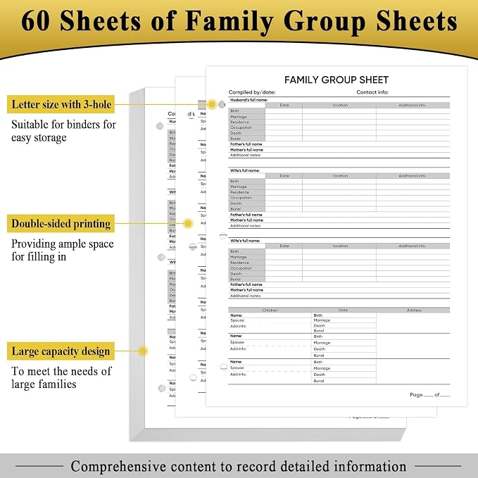 Family History Binder 3 Ring 50 Families Group Sheets 8th Generation Family Tree Chart 16 Sheets Genealogy Binder Black Cover Genealogy Organizer Supplies with Pen Loop PVC Pocket for Families History