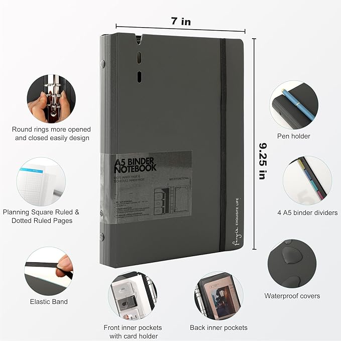 CAGIE A5 Binder 6 Ring Refillable Notebook with Dividers & Pockets | Daily Planning Square Ruled and Dotted Pages, Refill Paper Included, 6.89 x 9.25 In (Grey, A5 Daily & Dot Page)