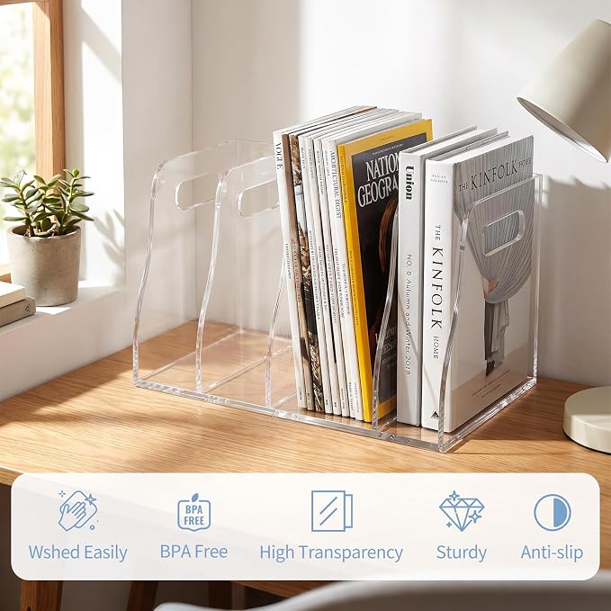 Acrylic Magazine File Holder, 4 Vertical Clear File Organizer Desk Organizer, Compartments Desk Document Sorter, Stores Books, Magazines, Notebooks, Multi-purpose Document Organizer for Home, Office