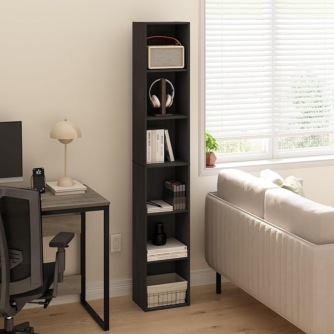 Furinno LUDER Book Shelf, 6-Tier Tall Modern Bookshelf, Bookcase with Open Shelves, 9.3 x 12 x 71, for Living Room, Bedroom, Home Office, Blackwood
