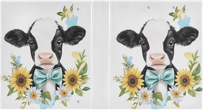 Sunflower Cute Cow Binder 1.5 Inch Binder with Clipboard&Pockets, Daisy Flower Cow Hardcover Binders 3 Ring, Heavy Duty Large File Folder for Office School Supplies - Holds 200 Sheets, 2 Pack