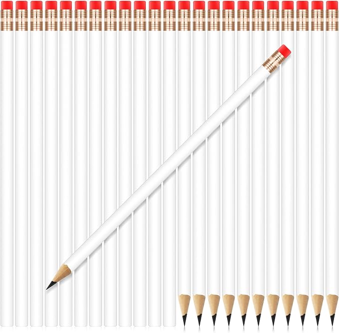 Outus 24 Pieces Round Pencils Cute HB Graphite Wood Pencils Bulk with Eraser for School Writing Drawing Sketching Wedding Office Supplies(White)