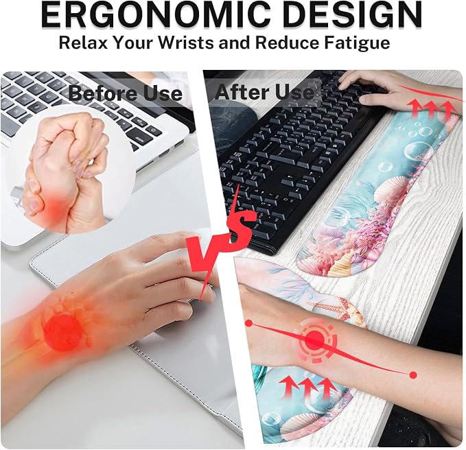 Keyboard Mouse Pad Set, 4 in 1 Desk Mat Set, Mermaid Pink Cute | Large Mousepad+Keyboard Wrist Rest+Mouse Wrist Rest+Coaster Ergonomic Design for Home Office Computer