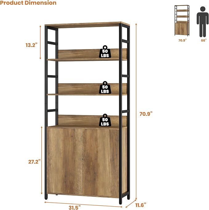 Garvee 71" Tall Bookshelf with Doors and Adjustable Shelf, Brown | Industrial Display Standing Shelf Rack with 3-Tier Shelves, Bookcase with Protective Rails for Living Room, Office