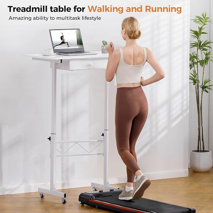 COMHOMA Standing Desk Adjustable Height & Tiltable Tabletop, Portable Stand Up Desk for Laptop, Mobile Folding Desk for Home Office Work and Walking Pad Treadmill, Height 30.7"-46.4", White