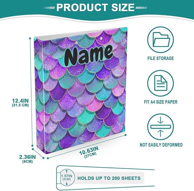 Custom 3 Ring Binder Mermaid Scales 1.5" Round Ring Binders Personalized Name View Binder with 200 Sheet for Kids School Supplies Women Men Office, 1 Pack