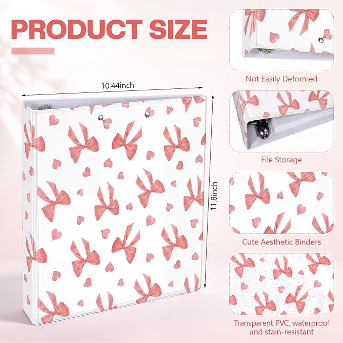 Colarr Pink Bow 3 Ring Binder 1.5 Inch with Clipboard Interior Pockets, Cute Preppy Round Ring Binder for Office Supplies & File Folder Organization