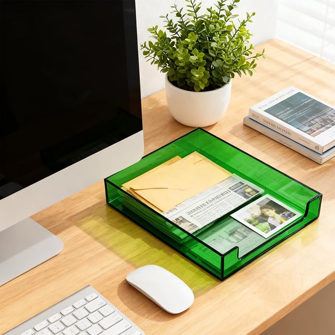 Paper Tray Acrylic File Organizer for Desk Letter Tray Desk Organizer Document Holder Sorter Storage for A4 Office Supplies Magazines, 13.8x10.6x2.4 Inches, Emerald Green