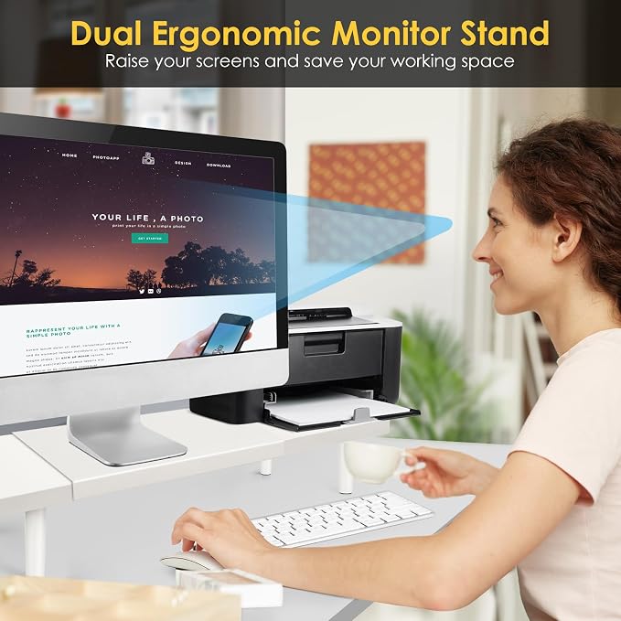 Across-Star Dual-Monitor-Stand-Riser-For-Desk Adjustable Length 32-40 Inch，Large Desktop Computer Monitor Riser For 2 Screens，Desk Shelf Organizer Riser Stand For Computer/Laptop/PC/Printer/TV Black
