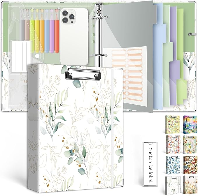 3 Ring 1 Inch Binder Organizer, KLLVE Three Ring Binders with Clipboard, 5 Pocket Divider with tabs, Folder, 18 Divider Stikers, Pen Loop (Leaves, Letter Size)