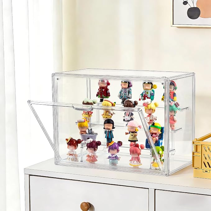 1 Pack 3-Tier Acrylic Display Case with Adjustable Shelves - Magnetic Door Clear Showcase Box - Stackable Dustproof Organizer for Action Figures Collectibles