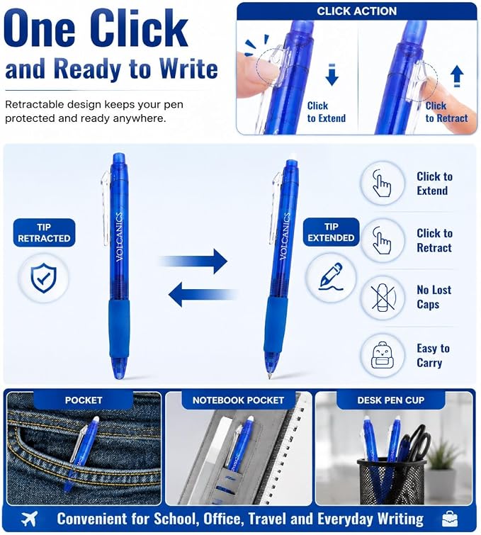 Volcanics Retractable Clicker Erasable Gel Pens, Blue Ink, 0.7mm, 12 Pack