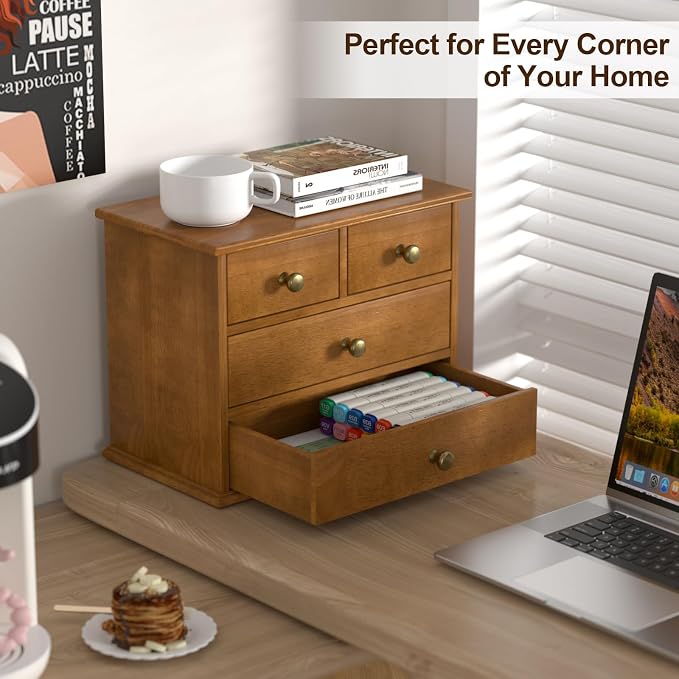 Oak Desk Organizer with Drawers, Durable Wooden Desktop Storage Box | 4 Drawer Tabletop Organizer with Metal Handles & Non-Slip Pads for Office, Bedroom, Bathroom, Vanity & Makeup Storage, Walnut