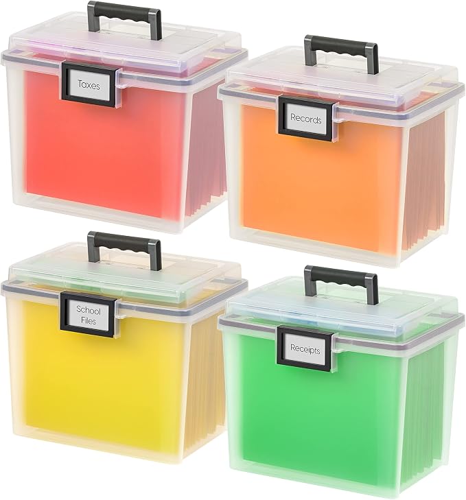 IRIS USA WeatherPro Portable File Box Organizer, 19 Qt. 4-Pack, Clear | Store and transport letter size files, documents and records with weather resistant protection and secure latching